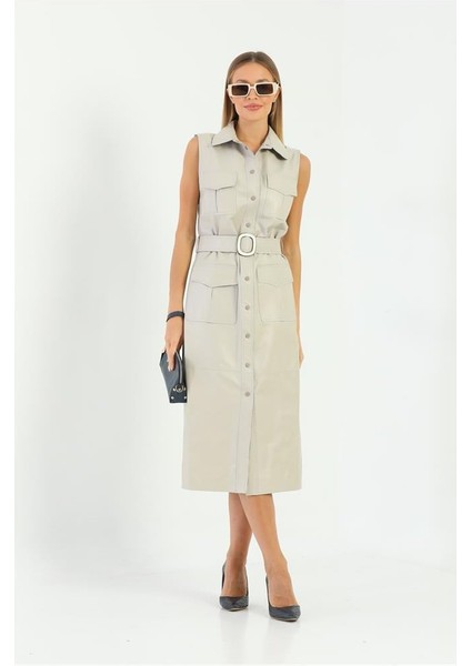 Cep ve Kemer Detaylı Kadın Deri Elbise - Krem