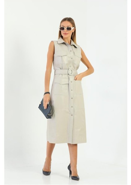 Cep ve Kemer Detaylı Kadın Deri Elbise - Krem fiyatları