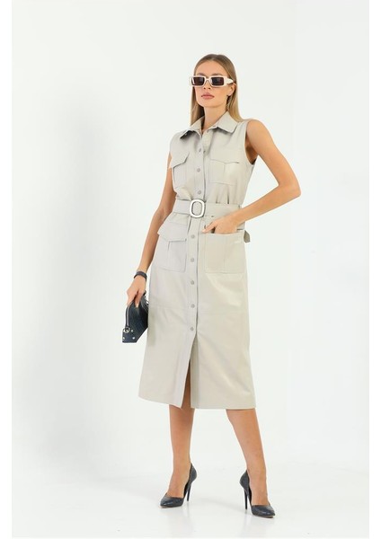 Cep ve Kemer Detaylı Kadın Deri Elbise - Krem modelleri