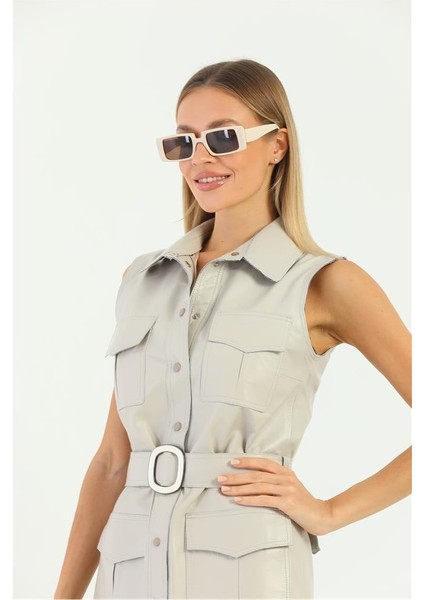 Cep ve Kemer Detaylı Kadın Deri Elbise - Krem fırsatları