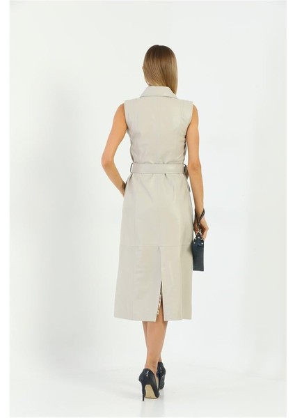 Cep ve Kemer Detaylı Kadın Deri Elbise - Krem indirimleri