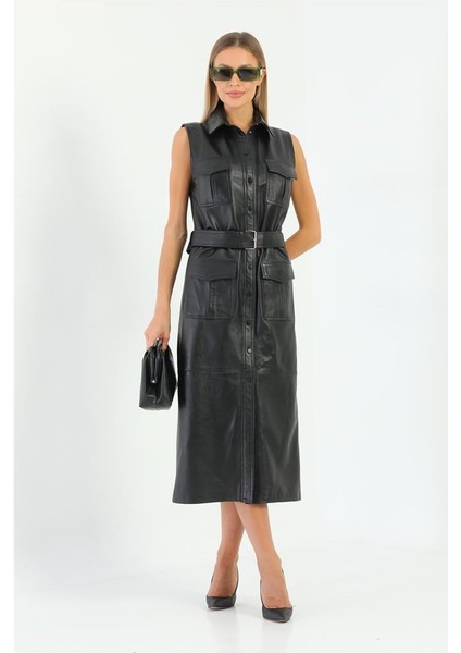 Cep ve Kemer Detaylı Kadın Deri Elbise - Siyah