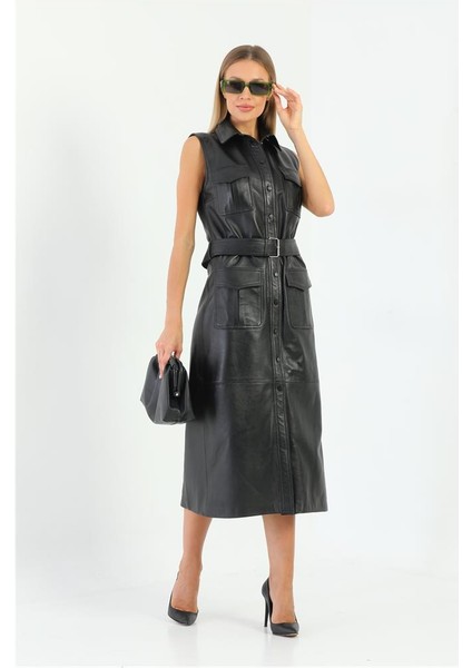 Cep ve Kemer Detaylı Kadın Deri Elbise - Siyah fiyatları