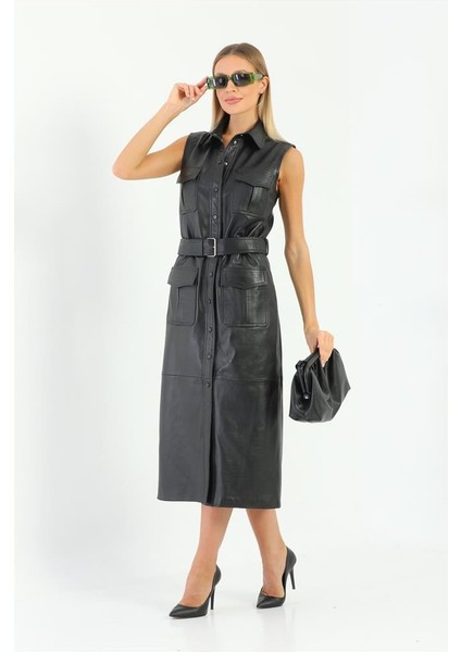 Cep ve Kemer Detaylı Kadın Deri Elbise - Siyah modelleri