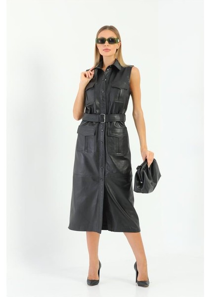 Cep ve Kemer Detaylı Kadın Deri Elbise - Siyah fırsatları