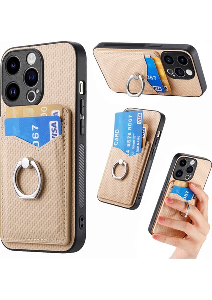 C1-8 iPhone 13 Pro Max Kickstand Kılıf Deri+Pc+Tpu Kart Tutucu Telefon Kılıfı - Kayısı (Yurt Dışından)
