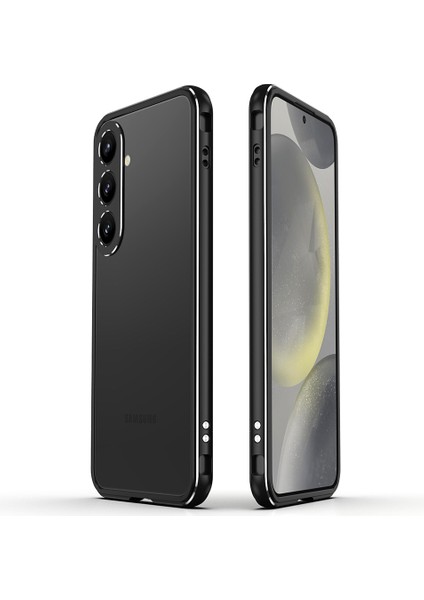 Samsung Galaxy S24+ Için Tampon Kılıf Metal Çerçeve Arka Tasarımsız Telefon Kabuğu, Kamera Lens Kapaklı - Siyah / Gümüş (Yurt Dışından)