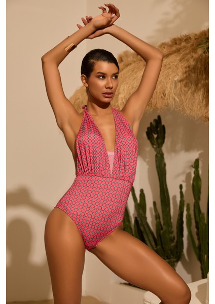 Kadın Kırmızı Renkli Retro Desenli Mayo fiyatları