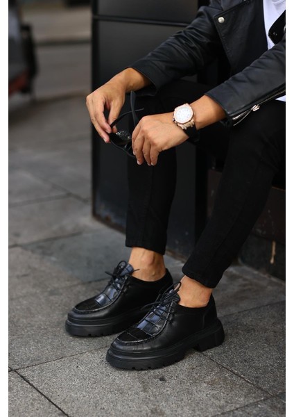 - Siyah Kroko Yüksek Siyah Taban Erkek Sneakers