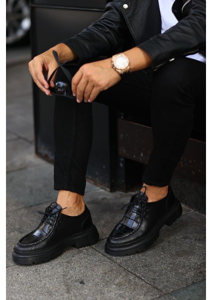 - Siyah Kroko Yüksek Siyah Taban Erkek Sneakers