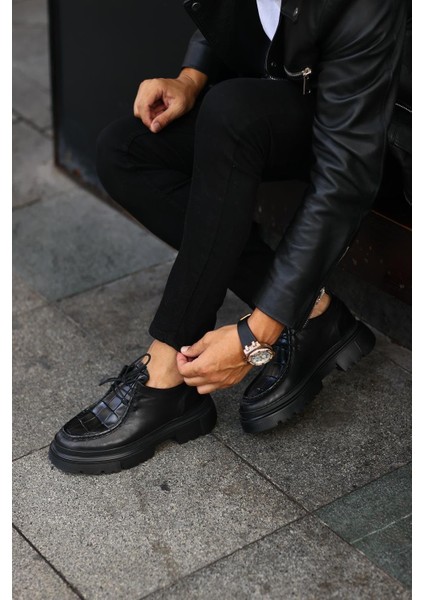 - Siyah Kroko Yüksek Siyah Taban Erkek Sneakers