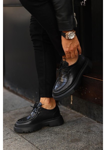 - Siyah Kroko Yüksek Siyah Taban Erkek Sneakers
