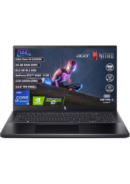 Nitro V15 ANV15-51-57XV Intel Core I5 13420H 16 GB 512 GB SSD RTX4050 Freedos 15.6" FHD IPS Taşınabilir Bilgisayar NH.QNBEY.004