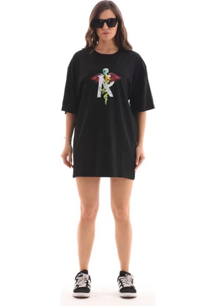 Bisiklet Yaka Baskılı Oversize T-Shirt - Siyah
