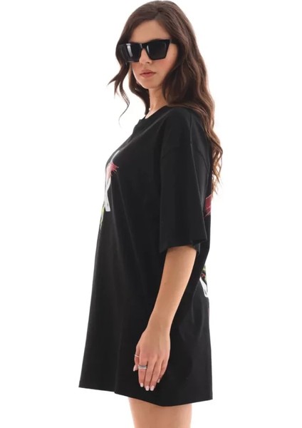 Bisiklet Yaka Baskılı Oversize T-Shirt - Siyah