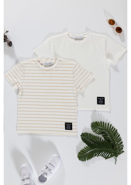 2'li Etiket Detaylı Cizgili Taş Ekru T-Shirt