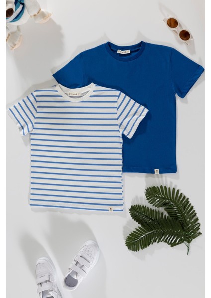 2'li Cizgili Ekru Saks T-Shirt