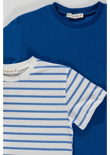 2'li Cizgili Ekru Saks T-Shirt