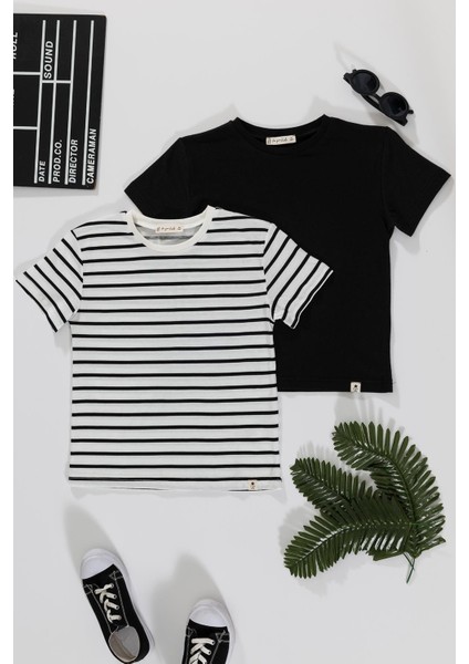 2'li Cizgili Siyah Beyaz T-Shirt