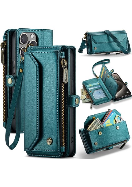 Iphone 15 Için Crossbody Durumda Pro Max Rfid Engelleme Durumda Cüzdan Fermuar Yuvası (Yurt Dışından)