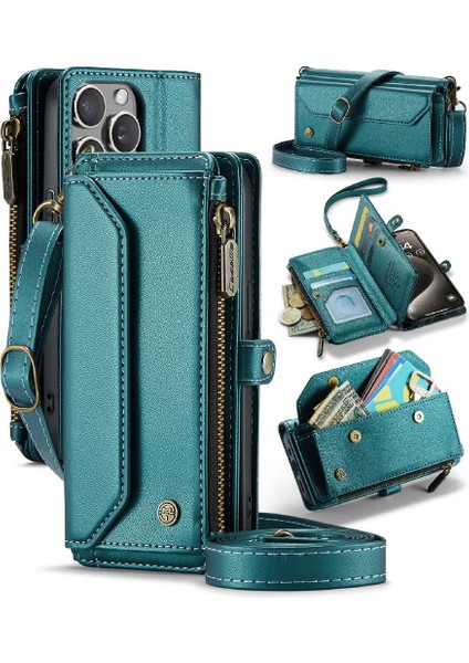 Iphone 15 Için Crossbody Durumda Pro Max Rfid Engelleme Durumda Cüzdan Fermuar Yuvası (Yurt Dışından)
