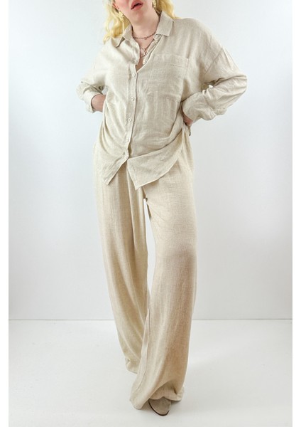 Keten Rahat Kalıp Geniş Paça Pantolon ( Keten)