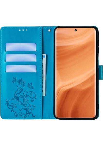 Realme Gt5 Pro 5g Cep Telefonu Kılıfları Için Deri Çevirme Standı Çiçek Baskılı Kapak - Mavi (Yurt Dışından)