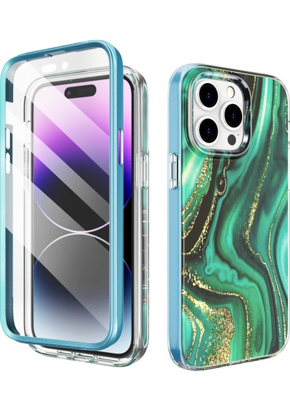 Ahastyle WE13 iPhone 14 Pro Max Için Kılıf Desen Imd Pc+Tpu Tam Koruma Kapağı Dahili Ekran Koruyucu - Turkuaz (Yurt Dışından)
