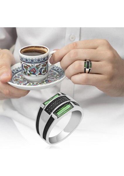 Baget Yeşil Taşlı 925 Gümüş Erkek Yüzük fiyatları