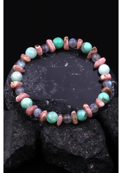 Krizopras-Rodokrozit-Labradorit Doğal Taş Tasarım Bileklik