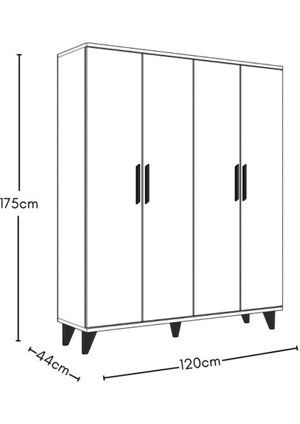 Gm 050-A Hayal Ayaklı 4 Kapılı Siyah Kulplu Gardırop