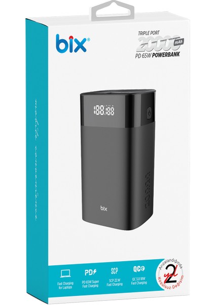 PB65W 20000MAH USB ve 2*type-C Pd 65W Üç Çıkışlı Dijital Ekranlı Powerbank Siyah