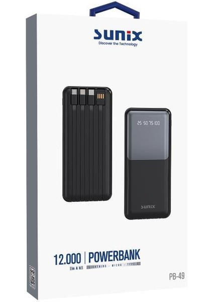 Pb-49 12000 Mah Dijital Göstergeli Dahili Çoklu Kablolu Taşınabilir Powerbank - Siyah