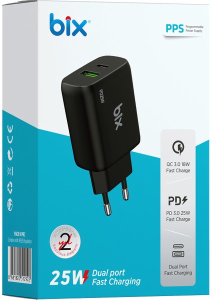 ZH-2U41T 25W Çift Portlu Usb-A Qc ve Type-C Pd 3.0 Pps Hızlı Şarj Adaptörü Siyah