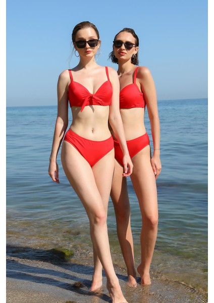 Kadın Içi Boş Fiyonklu Kaplı Alt Üst Bikini Takım Kırmızı 35011