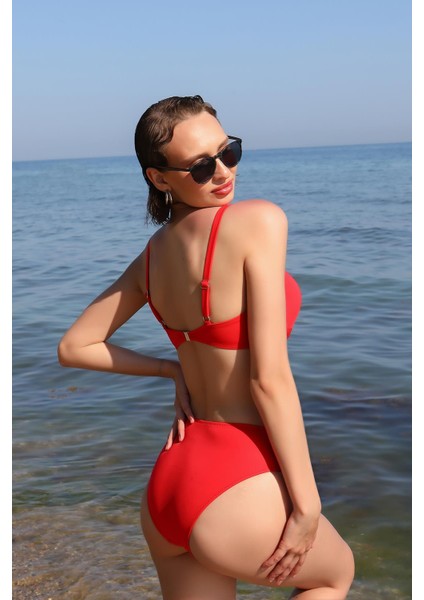 Kadın Içi Boş Fiyonklu Kaplı Alt Üst Bikini Takım Kırmızı 35011