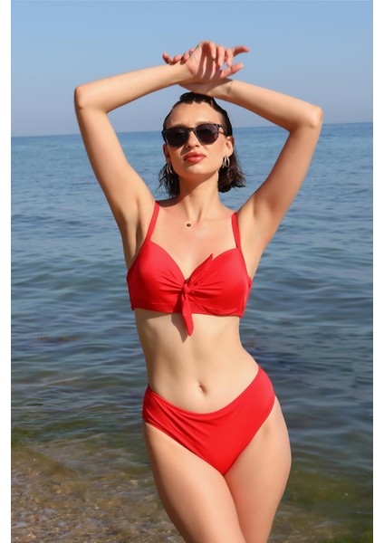 Kadın Içi Boş Fiyonklu Kaplı Alt Üst Bikini Takım Kırmızı 35011