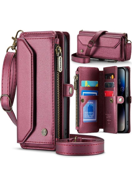 Iphone 14 Için Crossbody Durumda Pro Kart Tutucu Kılıf Cüzdan Fermuar Faturaları Yuvası (Yurt Dışından)
