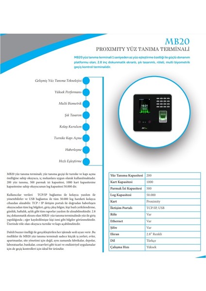 Step MB 20 Yüz Tanıma Terminali Proximity