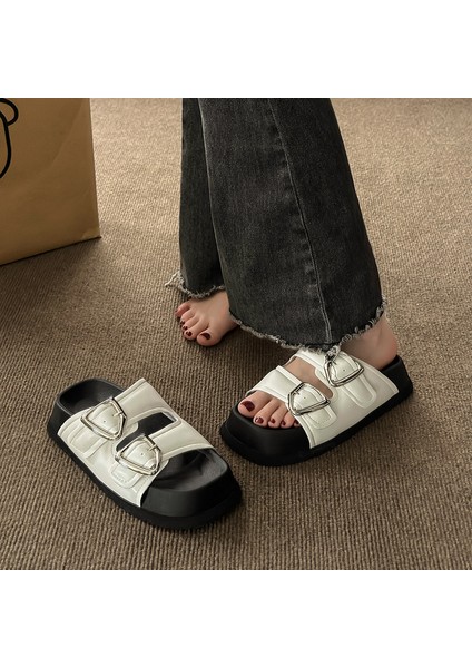 Kadınlar Için Kalın Tabanlı Roma Sandaletleri Yaz Yeni Stil Toka Moda Düz Tabanlı Kaymaz Retro Plaj Terlikleri (Yurt Dışından)