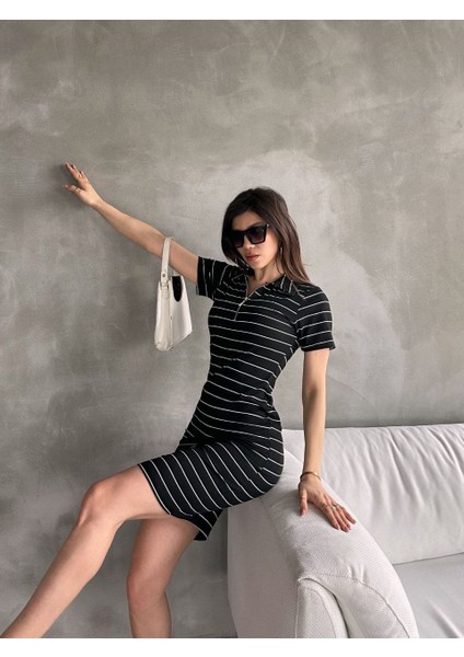 Kadın Fermuar Detay Çizgili Elbise Siyah fiyatları