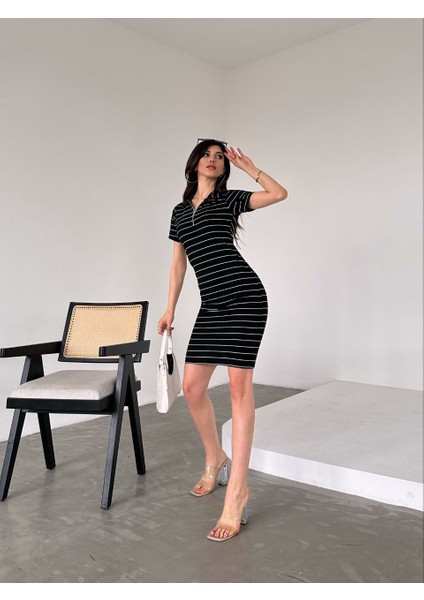 Kadın Fermuar Detay Çizgili Elbise Siyah modelleri