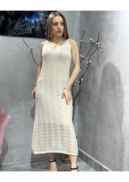 Kadın Örgü Astarlı Triko Elbise Krem