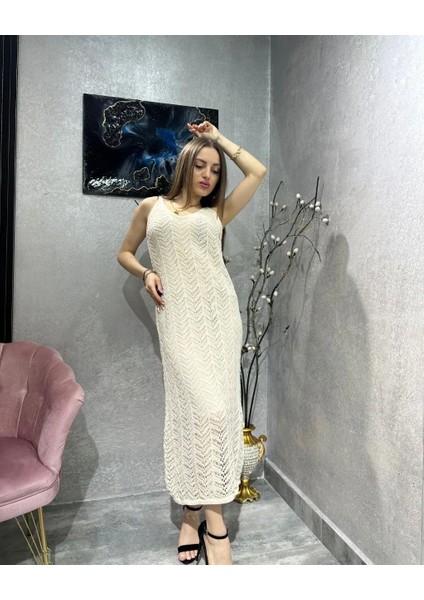 Kadın Örgü Astarlı Triko Elbise Krem