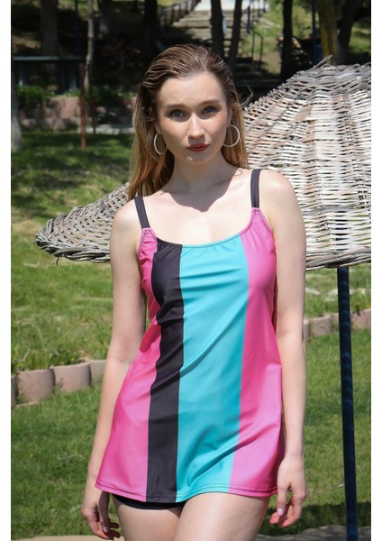 Kadın Şortlu Tankini Elbise Mayo Pembe 36001