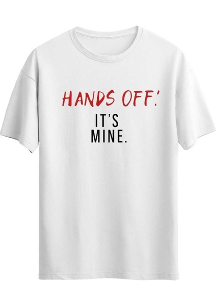 Kadın Hands Off! It's Fine Baskılı Bisiklet Yaka Salaş Oversize Boyfriend T-Shirt