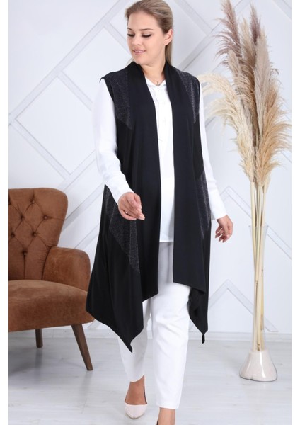 Kadın Sevda Büyük Beden Verev Simli Asimetrik Siyah Yelek fiyatları