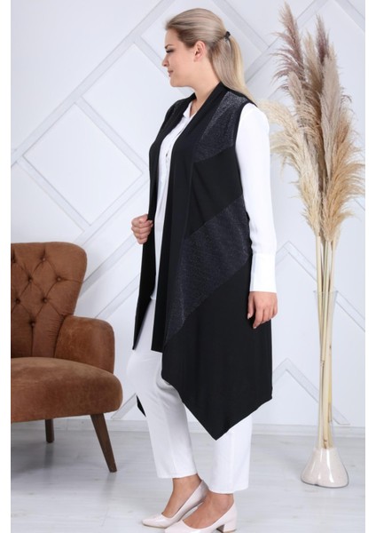 Kadın Sevda Büyük Beden Verev Simli Asimetrik Siyah Yelek modelleri