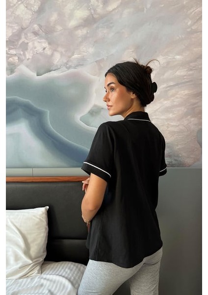 Gri Pamuklu Kısa Kol Kaliteli Doğal Dokulu Hamile Günlük Pijama Üstü fiyatları