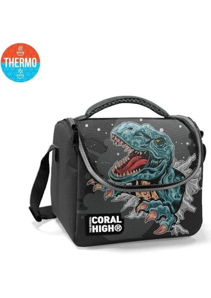 Kids Koyu Gri Siyah Dinozor Desenli Thermo Beslenme Çantası 11837